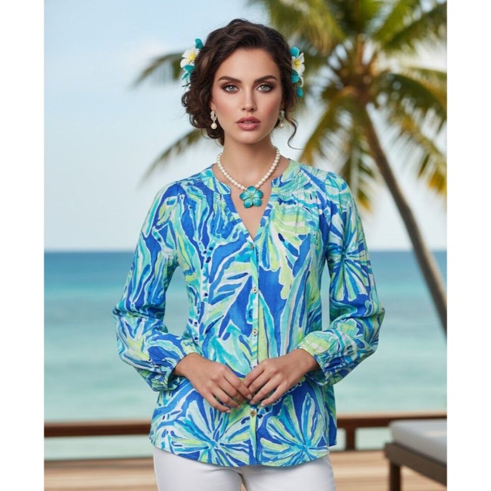 Lilly Pulitzer M Blue Green Bamboo Tropical Poet Sleeve Blouse Button Rayon Top